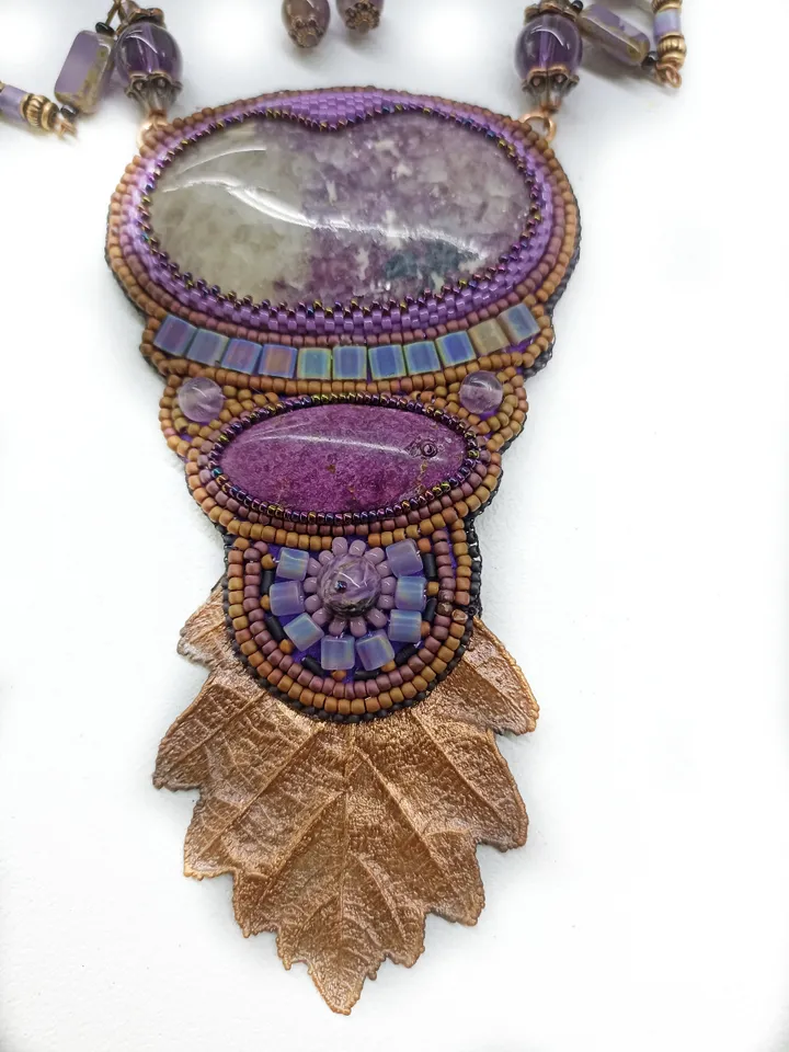 Bead embroidered violet necklace with Lepidolite, Sugilite, Charoite and Amethyst gemstones and an electroformed oak leaf Boho jewelry OOAK