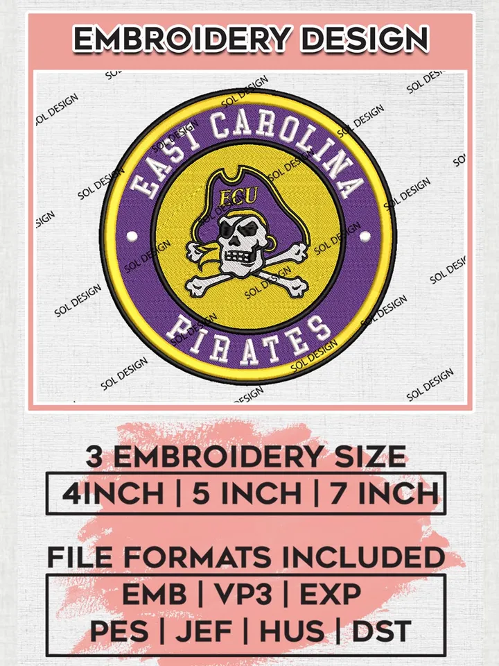 NCAA East Carolina Pirates Round Logo Embroidery, NCAA East Carolina Pirates Logo Embroidery files, NCAA Teams, Machine embroidery designs, Digital Download