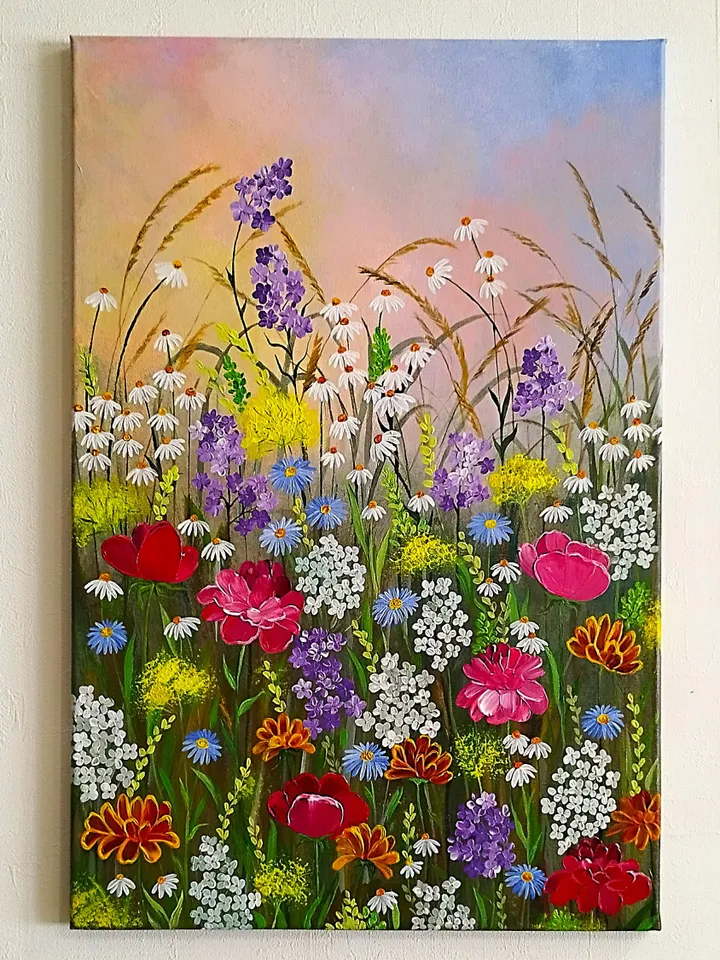 Flower landscape acrylic painting Wildflowers art impasto Summer meadow artwork