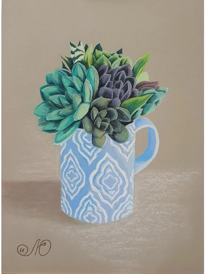 Succulent Painting Cup Original Art Cactus Wall Art Floral Soft Pastel Painting