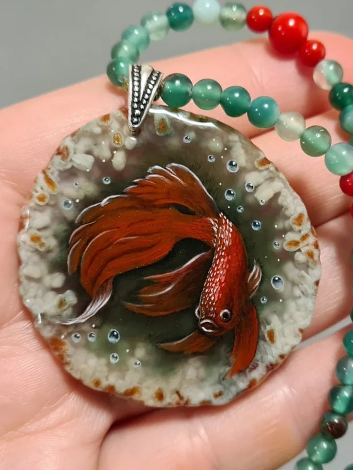 Necklace Siamese cockerel fighting fish Hand painted Christmas Gift Wrapping