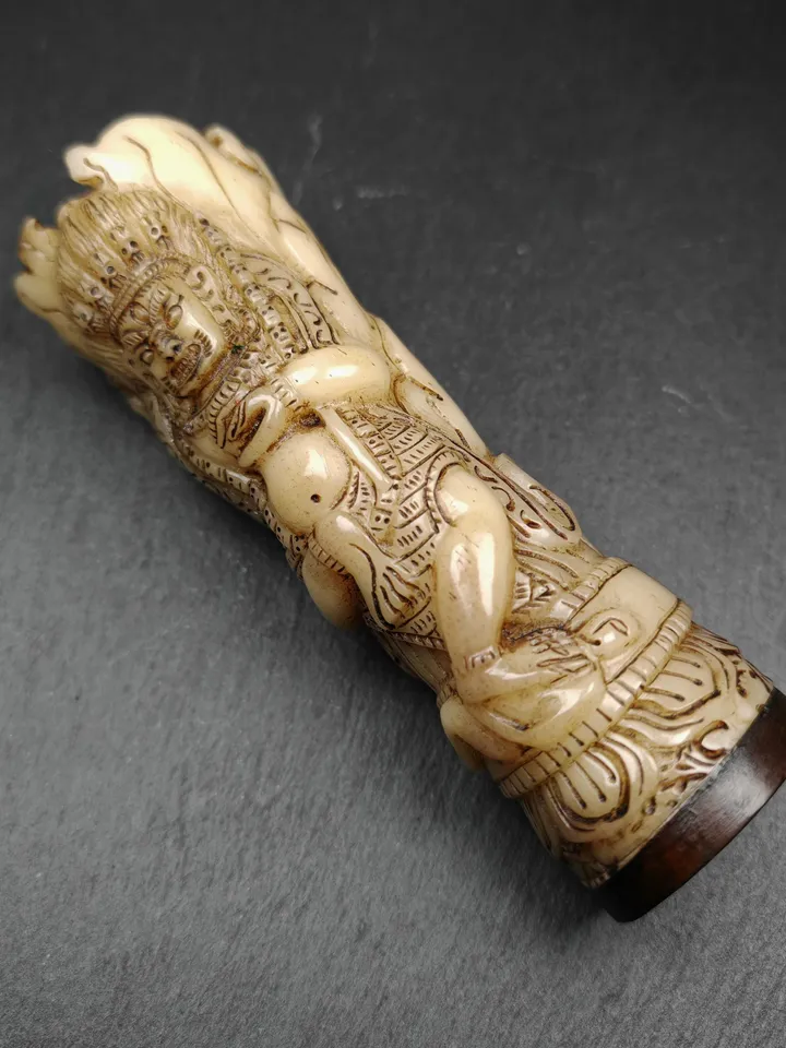 Leg Bone Carved Dudjom Troma Nagmo Pen holder,Black Wrathful Dakini Kapala Cup,Gandhanara Old Tibetan Buddhism Decor,20th,140mm × 40mm