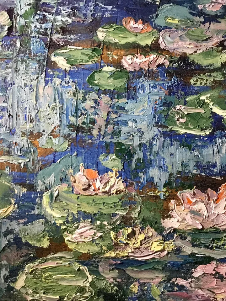 Waterlillies original oil painting on stretched canvas,textured impasto painting,pond of waterlilles,impressionistic,wall hanging,gift.