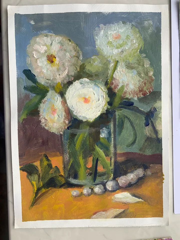 Aster white flowers in a vase oil on paper original painting