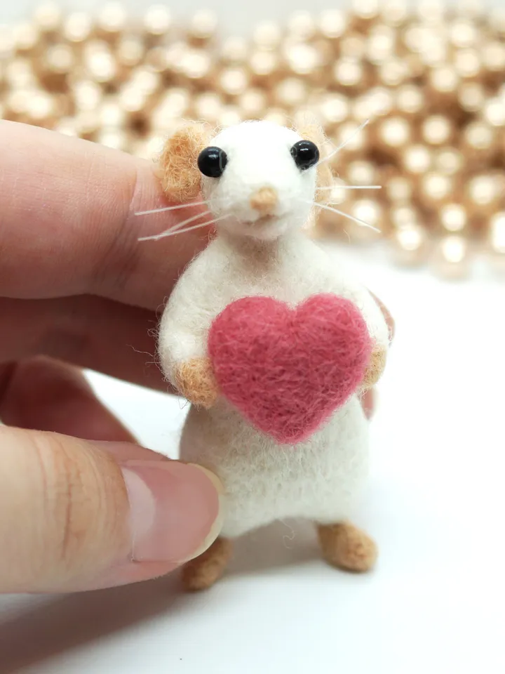 Jerry the mouse, miniature needle felted mouse with a heart, made to order