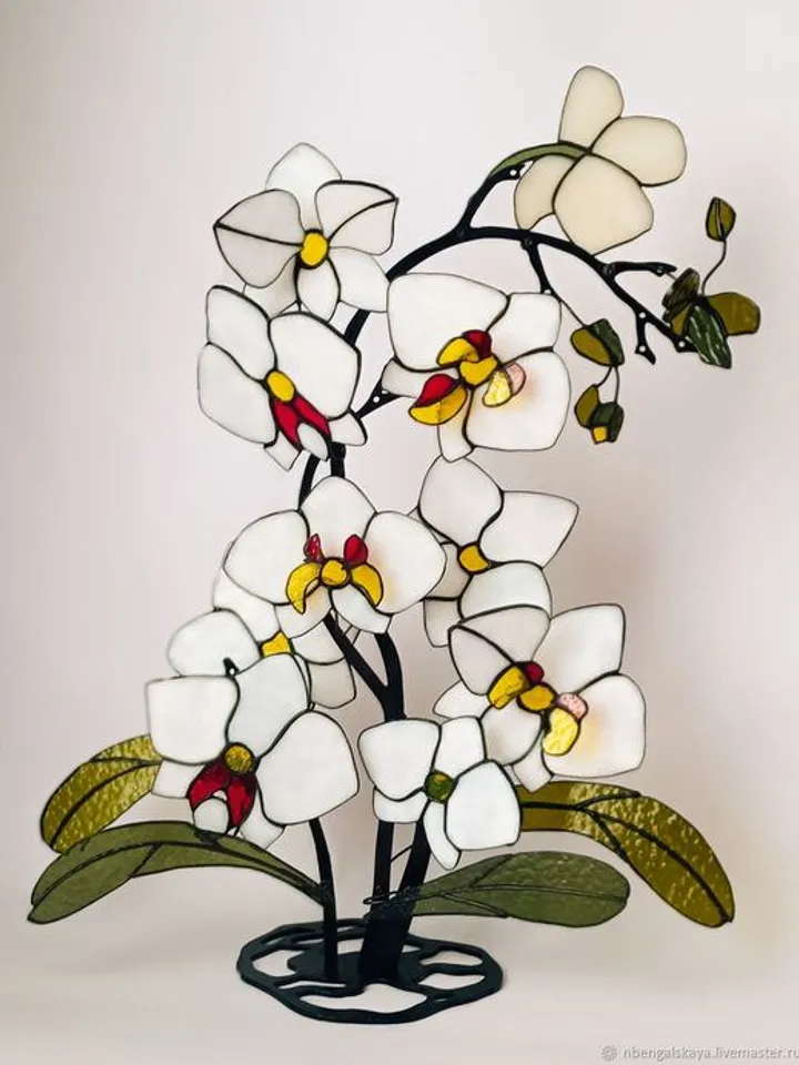 Stained Glass of Snow White Orchids, Snow White Orchid Stained Glass, Stained Glass Artwork: Snow White Orchids, Snow White Orchid Glass Artwork, Snow White Orchid Stained Glass Design, Snow White Orchids in Stained Glass
