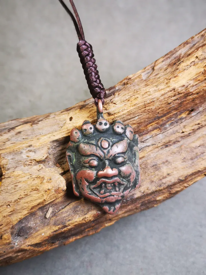 Gandhanra Antique Tibetan Amulet Badge,Mahakala Pendant, Buddhist Protector Deity, 50 Years Old