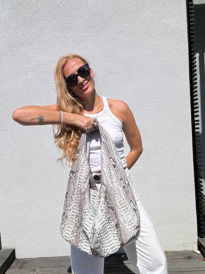 Big Soft Hobo Classy Sport Woman Stitched Bag | Purse Genuine Python Skin | Gray Big Elegant Leather Designer Soft Bag Snake | reptile hobo