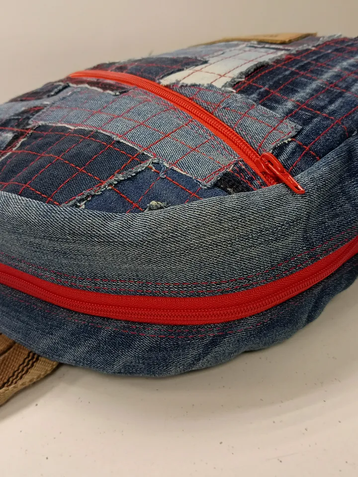 Stylish HANDMADE denim BACKPACK WITH a DEEP POCKET IN THE FRONT IN the lazy boro Patchwork STYLE
