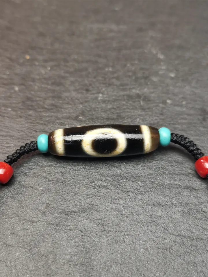 Gandhanra Antique Tibetan Sky & Earth Dzi Bead Necklace,1.38&quot; x 0.4&quot;,30 Years Old