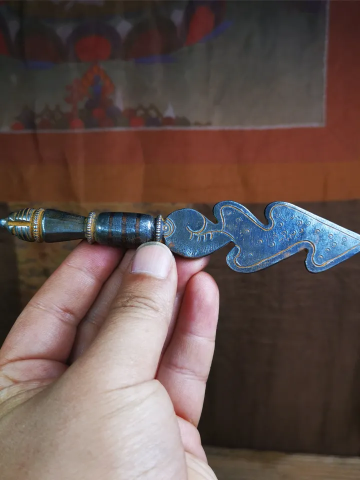 Gandhanra Handmade Tibetan Buddhist Ritual Implement - Kila - Snake Spear, Made of Cold Iron inlaid with Copper,5.5&quot;