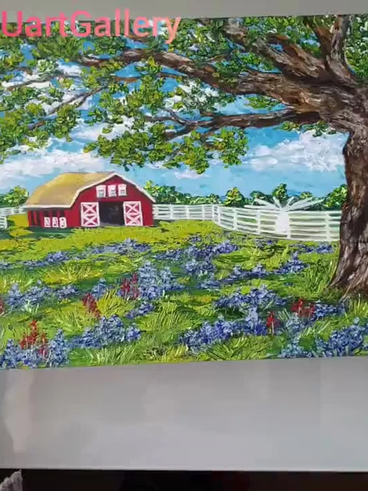 Red Barn Painting Bluebonnet Original Art Texas Wall Art Impasto Oil Painting