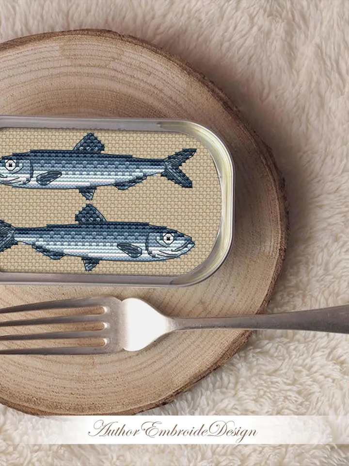 Sardines cross stitch pattern PDF download Mini fish cross stitch chart, Sardine pattern digital PDF for beginners, Funny kitchen decor #F29