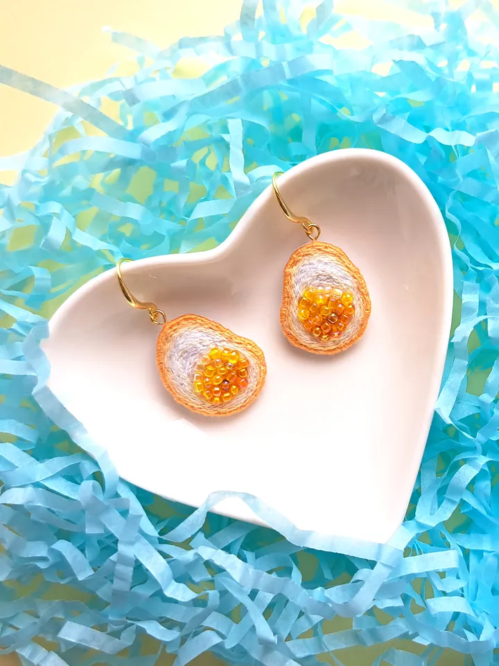 Sunny-Side Up Egg Earrings Hand-Embroidered Foodie Jewelry Quirky Artisan Accessories Boho Food Art Cooking Enthusiast Gift Brunch Outfit