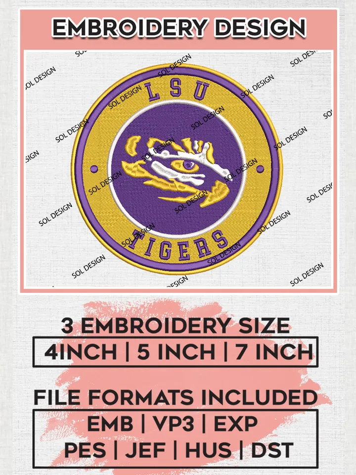 NCAA LSU Tigers Round Logo Embroidery, NCAA LSU Tigers Logo Embroidery files, NCAA Teams, Machine embroidery designs, Digital Download