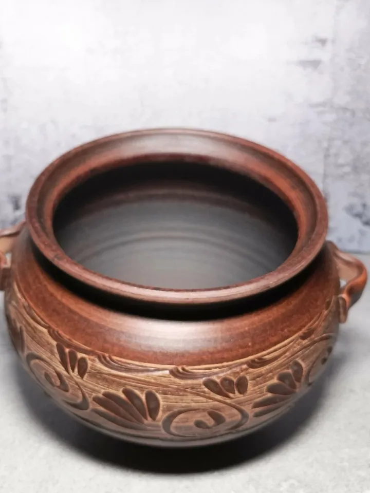 Ceramic casserole Handmade with handles and lid, carved pattern 101.44 fl.oz