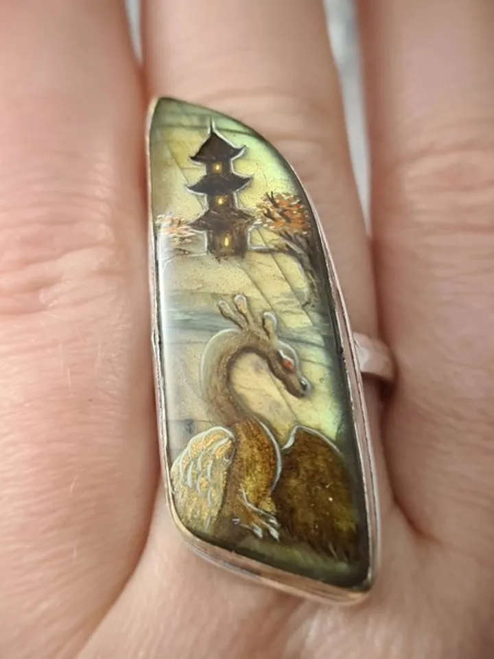 Dragon ring Labradorite ring Stone painting dragon Aaa large labradorite ring