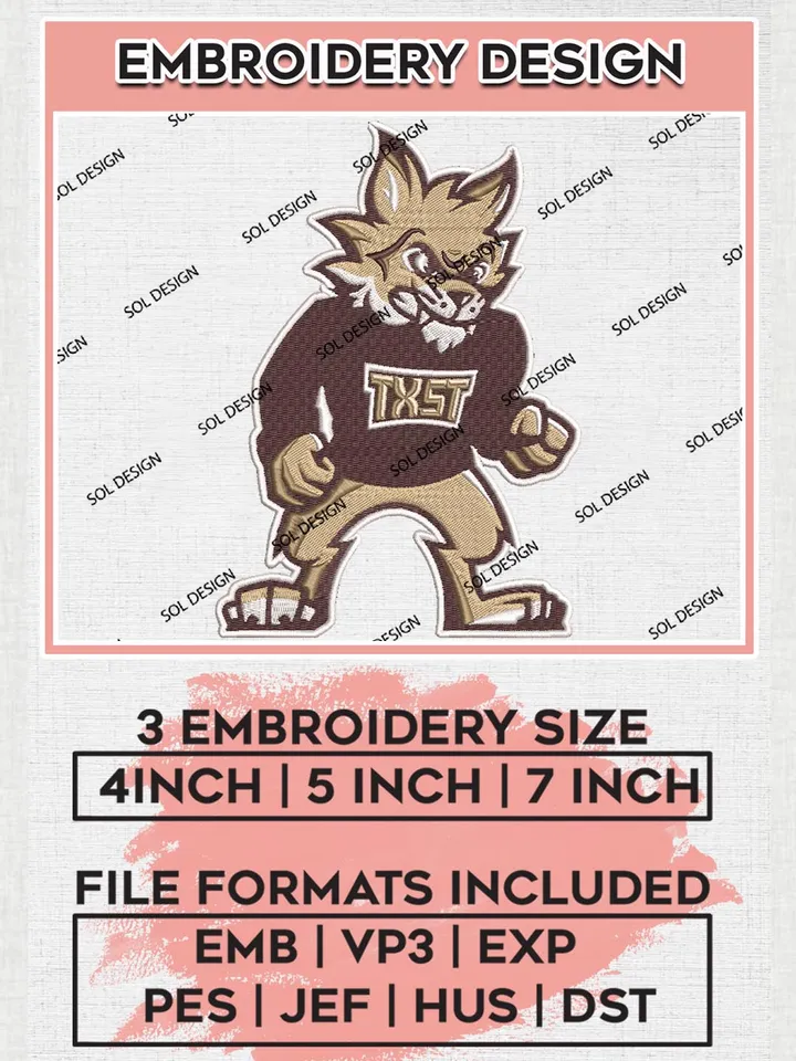 Texas State Bobcats College Team Mascot Logo Embroidery Design Files, NCAA Texas State Bobcats Machine Embroidery, NCAA Teams, 3 sizes, NCAA Machine embroidery designs, Digital Download