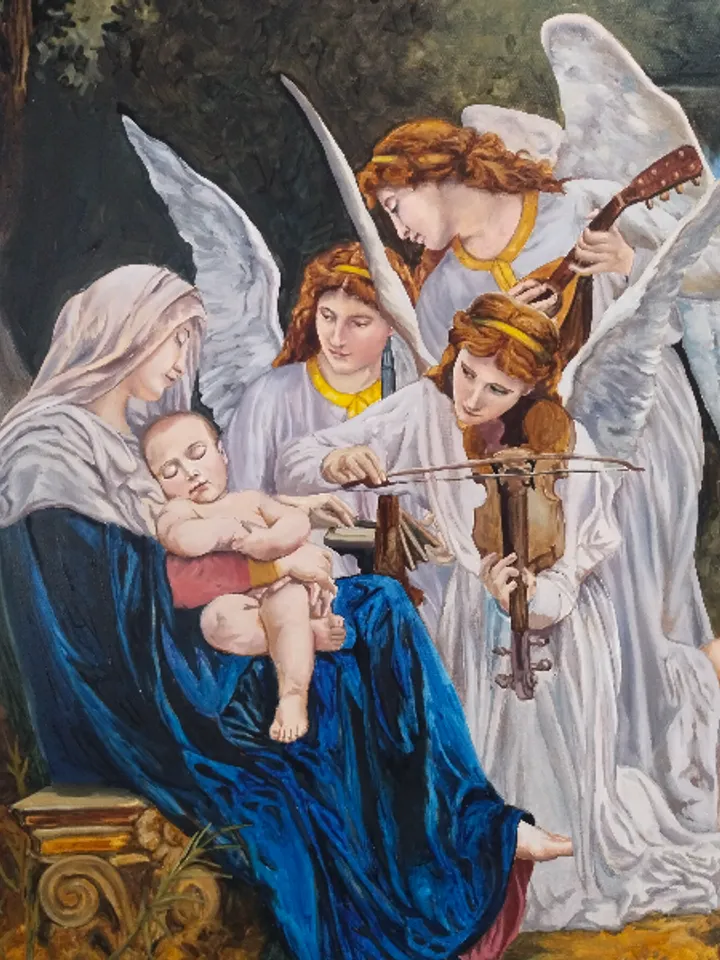 Angels oil painting Virgin Maria and Christ painting Religious inspiration Figurative art Bouguereau copy