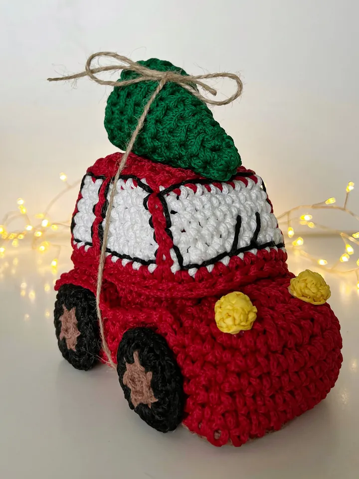 Christmas car with tree, interior basket, crochet decor, gift ornaments, sweet storage