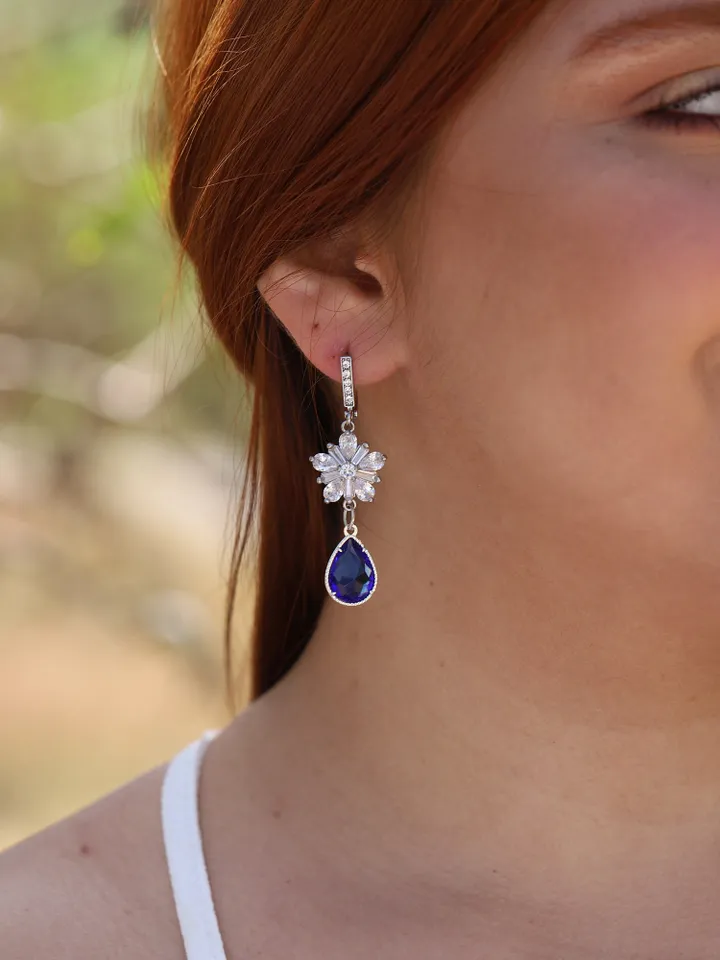 Silver | Blue Cubic Zirconia Flower Wedding Earrings, Swarovski Crystal Bridal Earrings, Floral Statement Wedding Earrings, Bridal Jewelry,