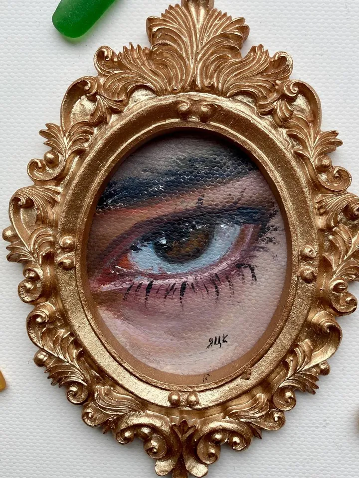 Original Framed Lover's Eye Antique Painting Illustration Vintage Style Small