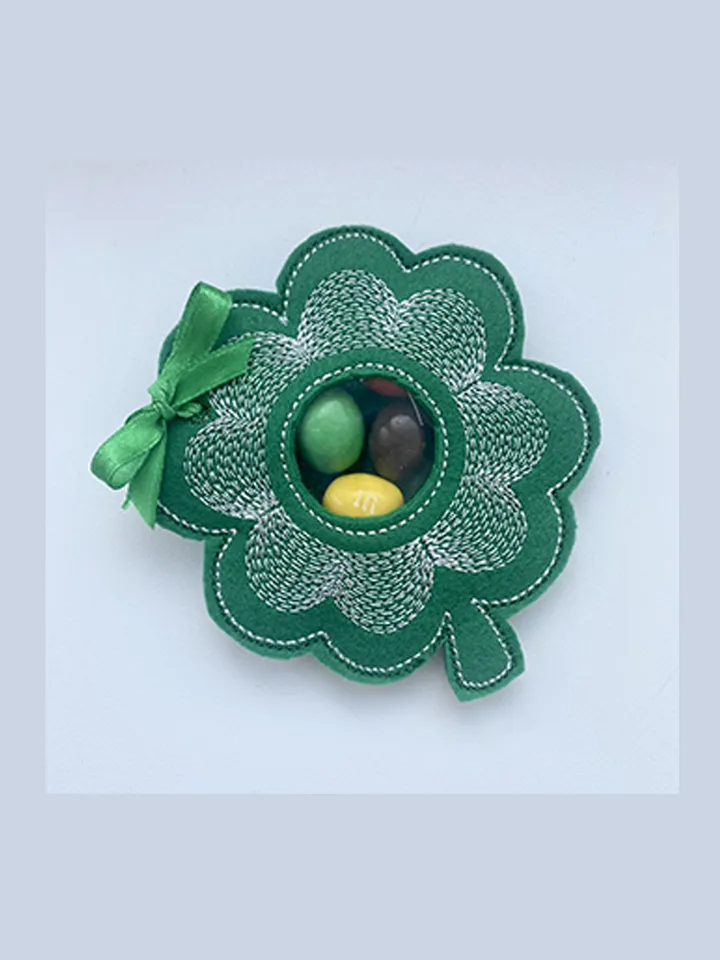 In The Hoop Machine Embroidery design ITH Peekabo Bag Clover St. Patrick LeprechaunTreat Bag ITH Pattern.