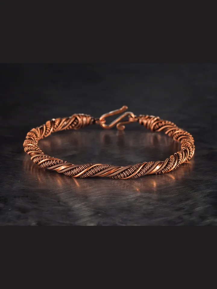 Unique wire wrapped narrow copper bracelet Healing handcrafted art jewelry for husband or wife 7th 22nd Wedding Anniversary gift idea Unique pure copper wire wrapped jewelry Antique style Handmade statement artisan jewellery Healing copper therapy bracele