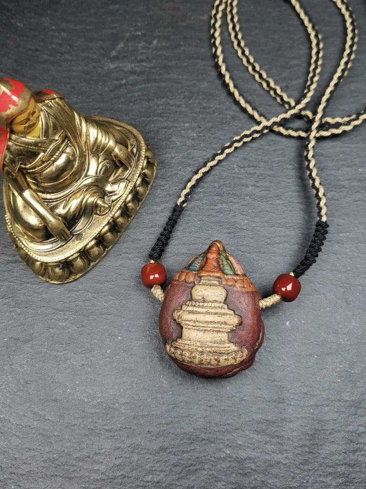 Gandhanra Old Tibetan Stupa Tsa Tsa Amulet, Double-sided Stupa and Scorpion Guru of Padmasambhava, Scorpion Terma Pendant,30 Years Old