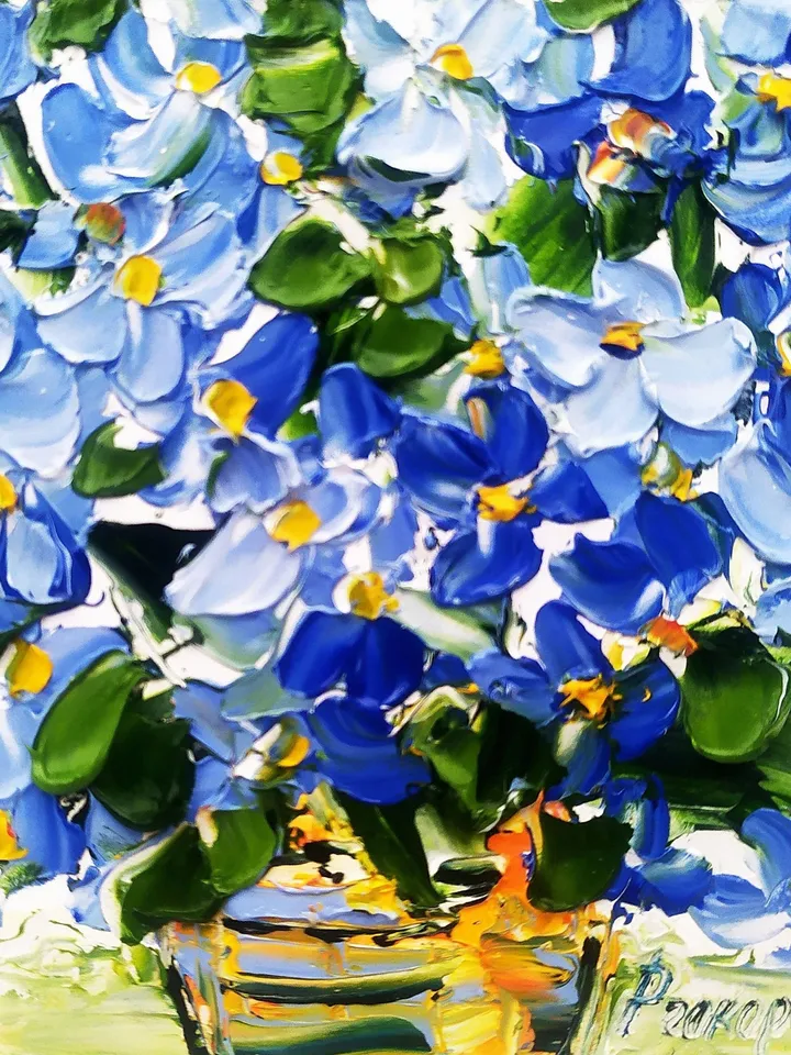 Forget-Me-Not Painting Cornflower Original Art Impasto Oil Painting 4x4 Blue Impasto Wildflower Wall Art Floral Meadow Painting Field