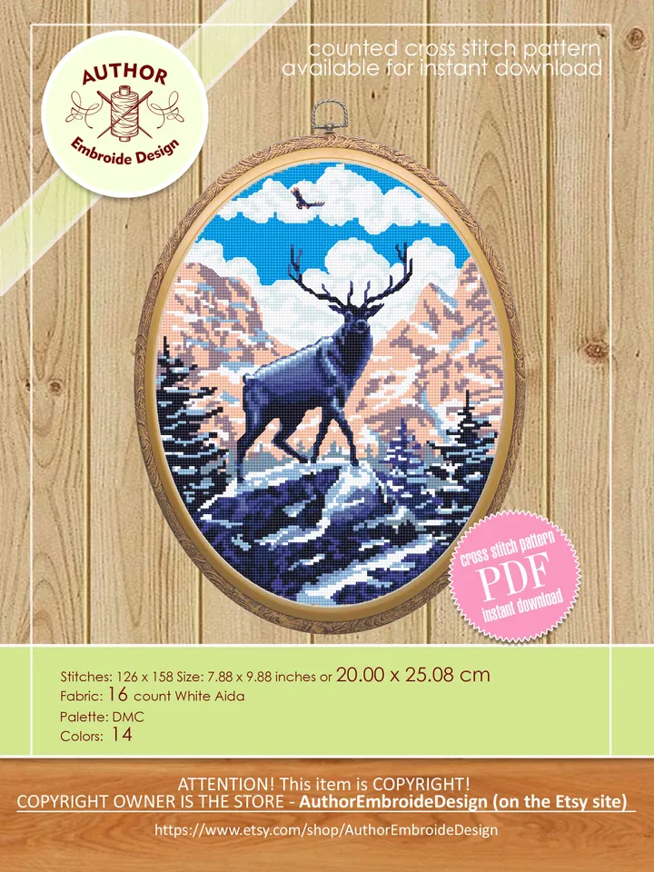 Rocky mountain National Park cross stitch pattern PDF download Nature cross stitch chart, Mountain landscape, Deer cross stitch design #L28