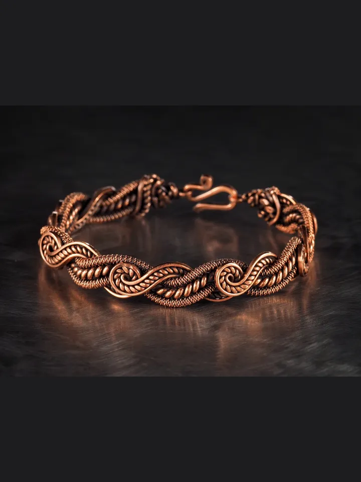 Wire wrapped bracelet, Unique 7th 22nd Anniversary gift idea, Art Nouveau antique style, One of kind braided statement bangle, Handmade oxidized pure copper jewelry, Pain relief, EMF protection