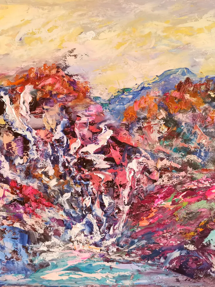 Waterfalls Sunset Trees Mountain Original Art Oil Painting Artist Svinar Oksana