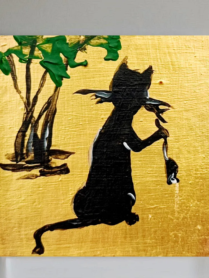 Black cat Mini painting a black cat and mouse painting framed 4x4 in Original Handmade painting Gift by ArtProkopaloSv