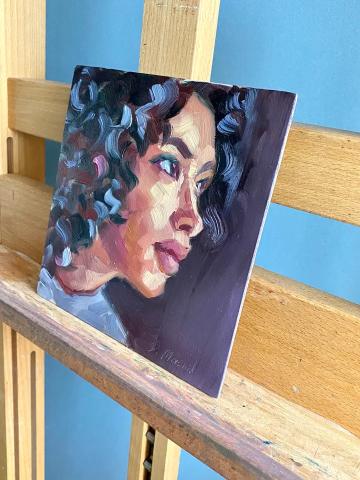 Woman Portrait Painting Original Female Image Artwork Oil On Panel 8x8 In