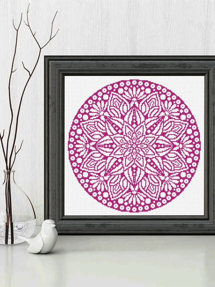 Flower mandala circle cross stitch pattern download PDF Monochrome mandala digital Beginner stitch Floral ornament cross stitch chart #M49