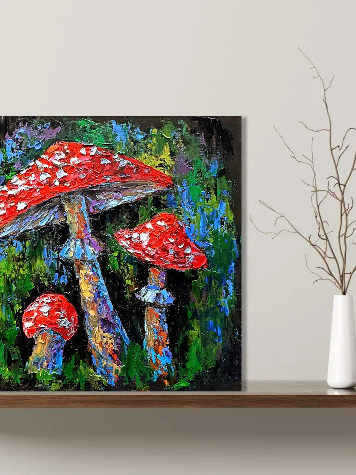 Fly Agaric Painting Alice in Wonderland Original Art Amanita Mushroom Painting Impasto Woodland 12" x 12" By Colibri Art