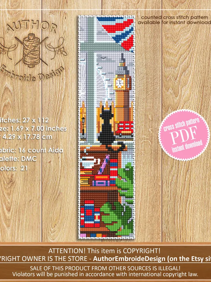 Bookmark cross stitch pattern download PDF Modern handmade bookmark digital Cute Black cat cross stitch England London Home sweet home #B62