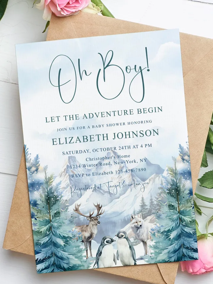Editable Let the Adventure Begin, Woodland Baby Shower Invitation , Boy Adventure Baby Shower Invite, Forest Baby Shower - i125