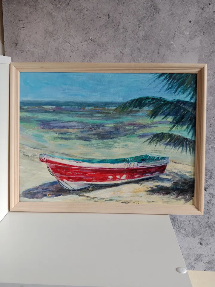 Boat oil painting beach artwork