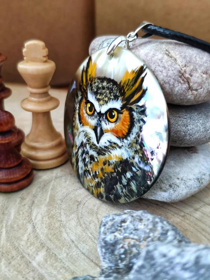 Pearl pendant necklace: Wise and Mysterious Eagle owl on handmade lacquer pendant • Statement wild bird • Aesthetic boho ethnic owl necklace