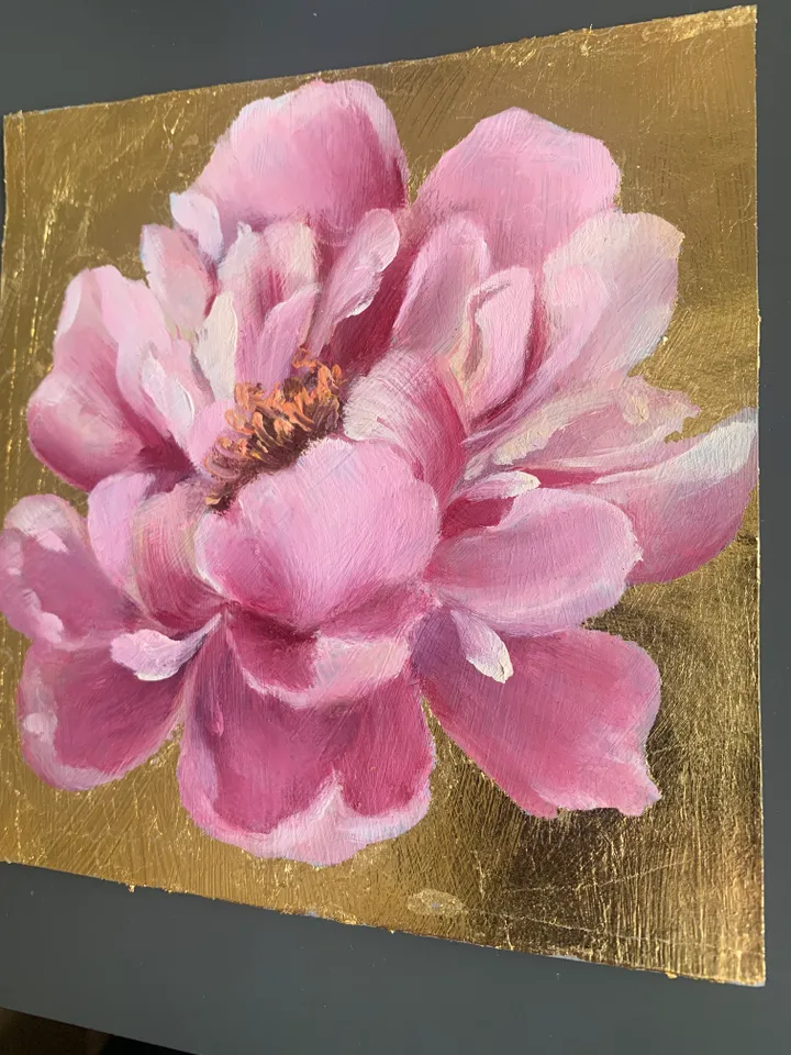 peony on gold leaf original art oil painting on gold