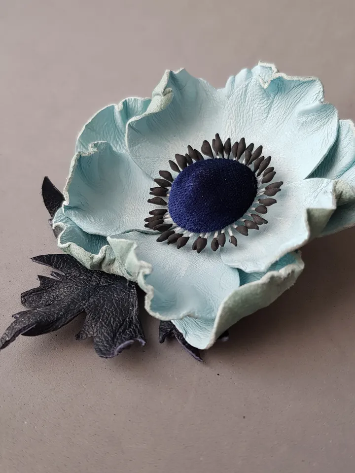 Sky blue leather brooch for her, Leather women's jewelry