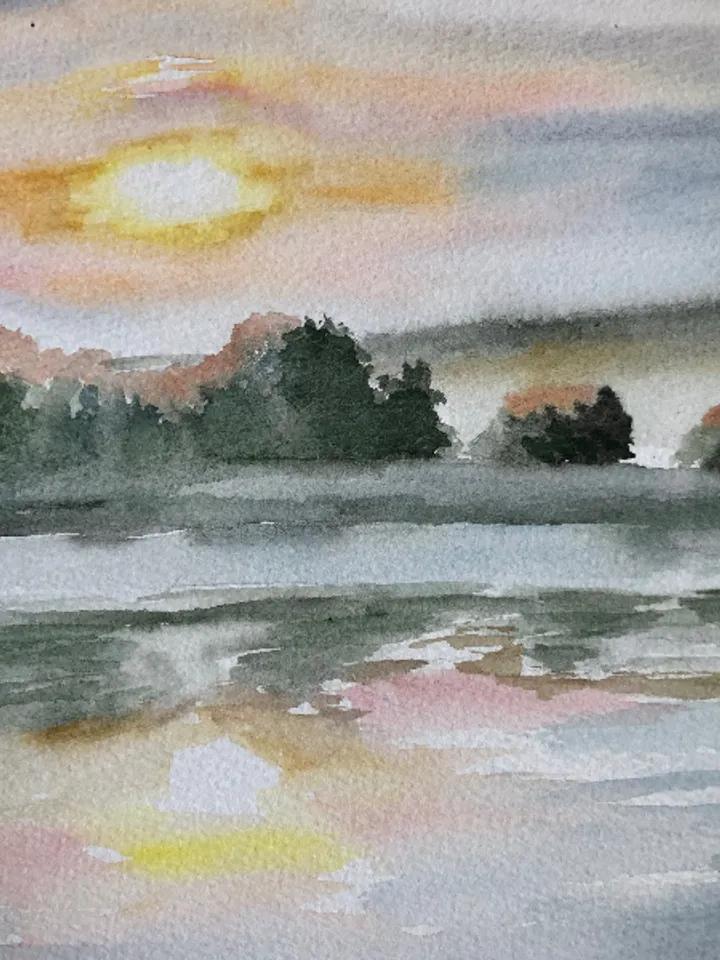 Sunset over the river landscape original watercolour painting wall art hand painted