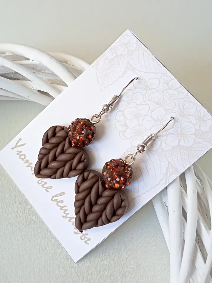 Dangle brown earrings/Heart shaped birthday polymer clay earrings/Heart Earrings/Lightweight earrings/Handmade Jewelry