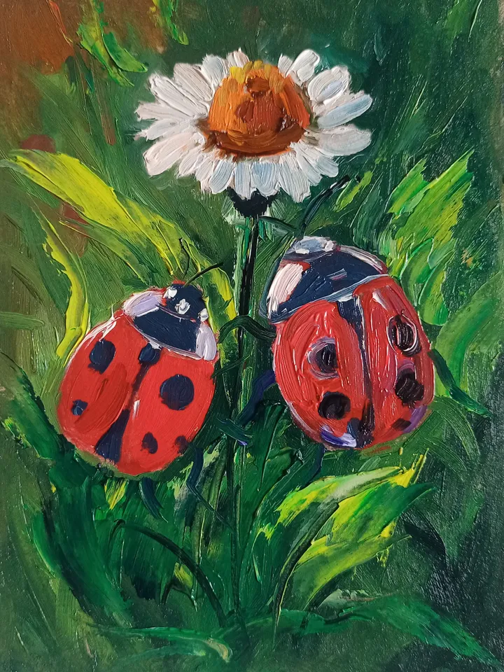 Oil painting wall art bumblebee wall art diptych painting flowers and insects summer bee spring wall decor, gift Pair painting ladybug art