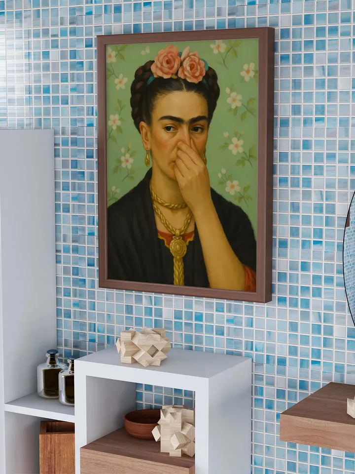 Frida Kahlo Altered Art Print, Funny Surrealist Portrait, Floral Wall Art, Modern Colorful Painting, Printable Home Decor Poster, Bathroom