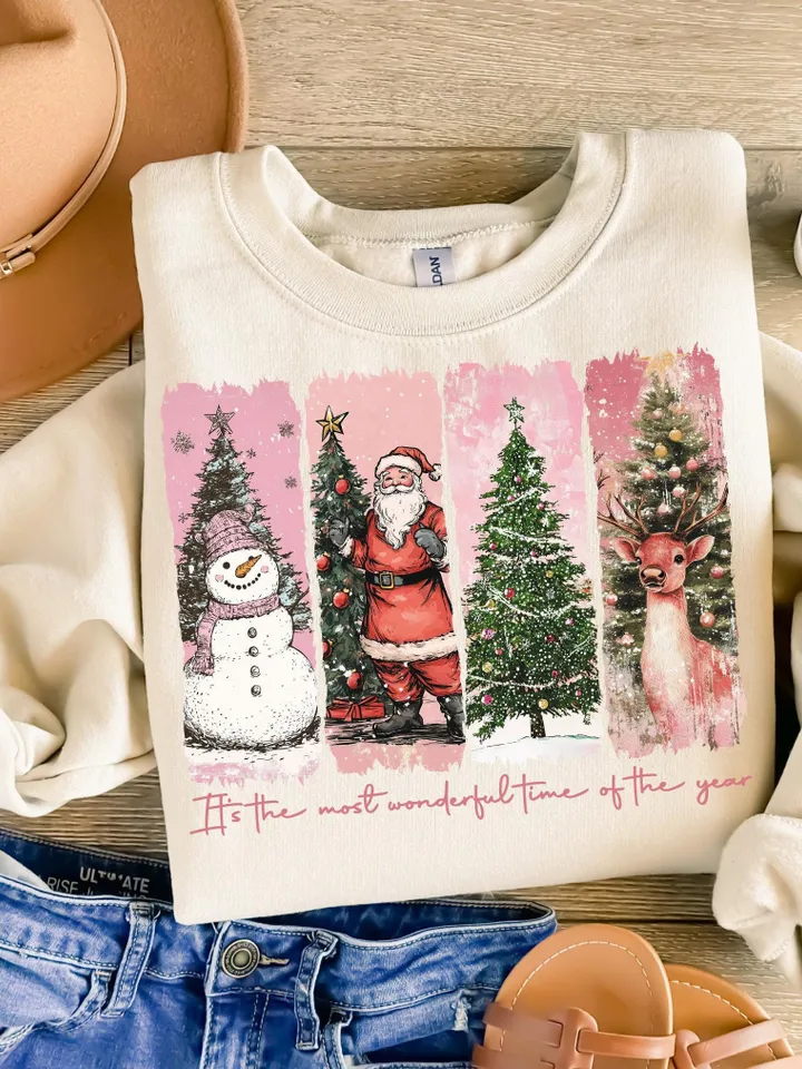 Pink It's the most wonderful time of the year png, Santa Claus png, Vintage Christmas png, Christmas Coquette bow png, Reindeer snowman png