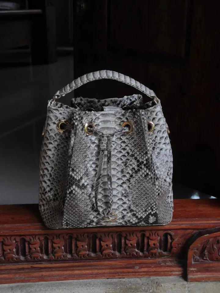 Genuine python skin grey bucket crosshandle bag/ designer women purse | classy elegant crossbody bag | exotic leather bags | gift idea