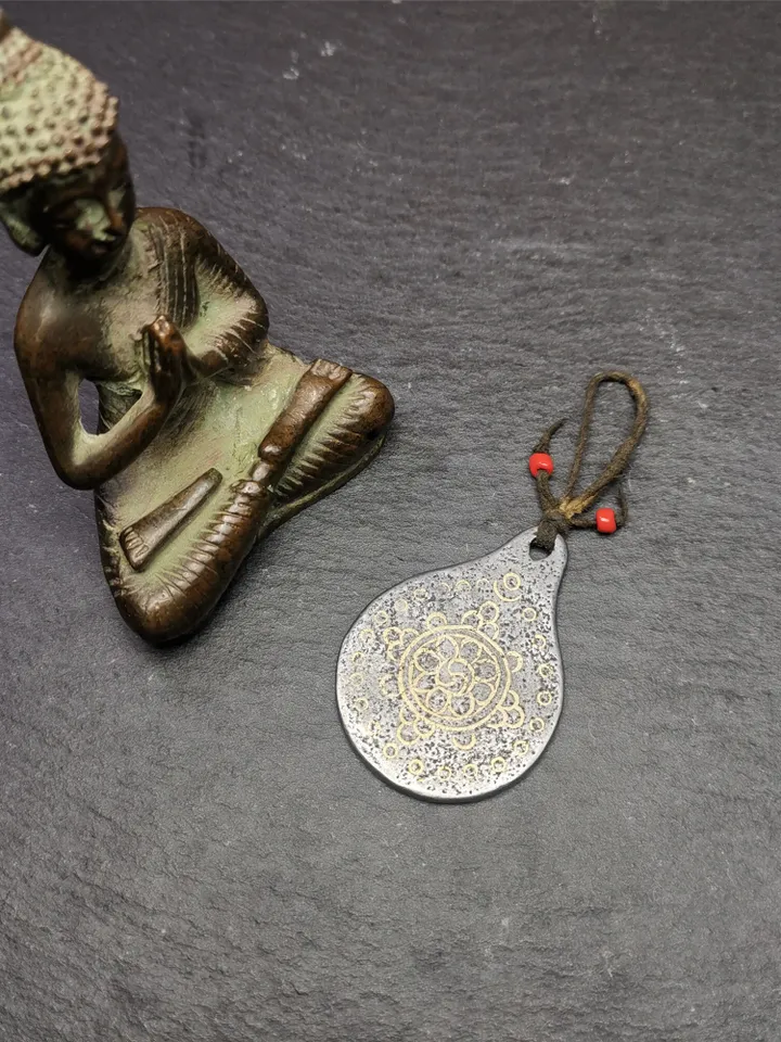 Gandhanra Handmade Tibetan Buddhism Amulet, Dharmachakra Symbol,Prayer Wheel of Dharma, Made of Cold Iron,1.85" × 1.42"